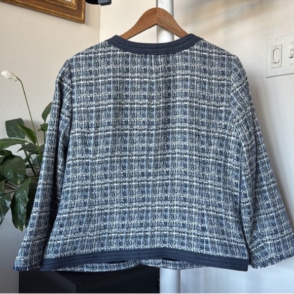 Talbots Tweed Crew Chambray trim Blazer Jacket Sz 16/XL Navy Blue White Fringe - Picture 14 of 16